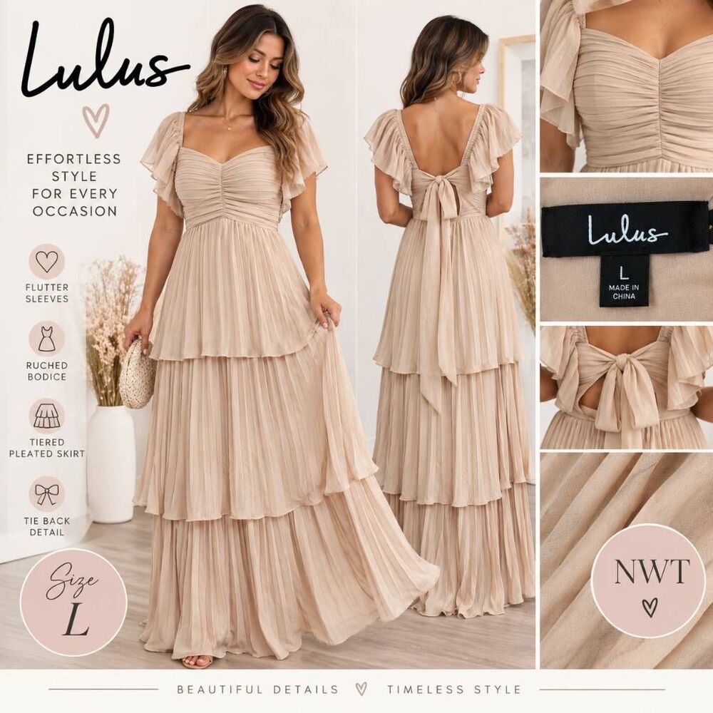 Lulus Women’s L Beige Pleated Tiered Maxi Dress Flutter Sleeve Tie Back NWT